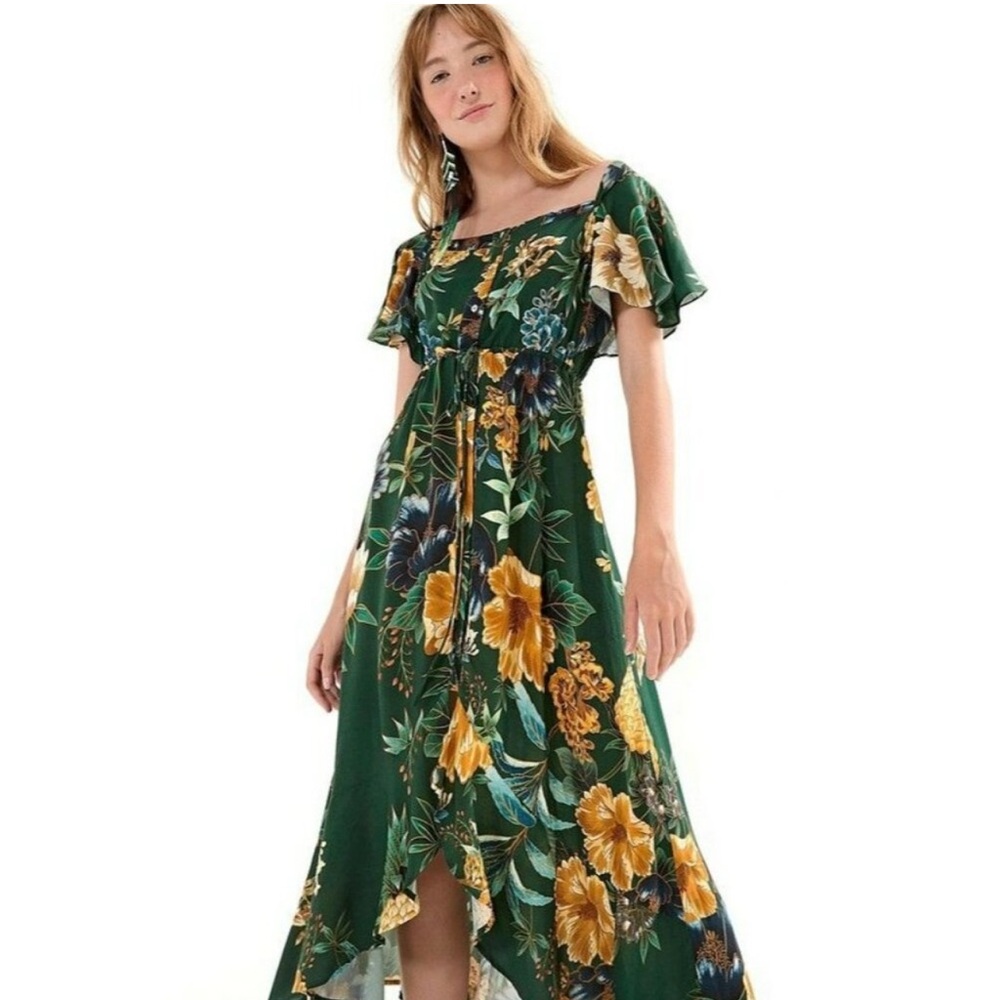 FARM Rio Vintage Tropical Floral Midi Dress XS Green Pineapple Off Shoulder Boho